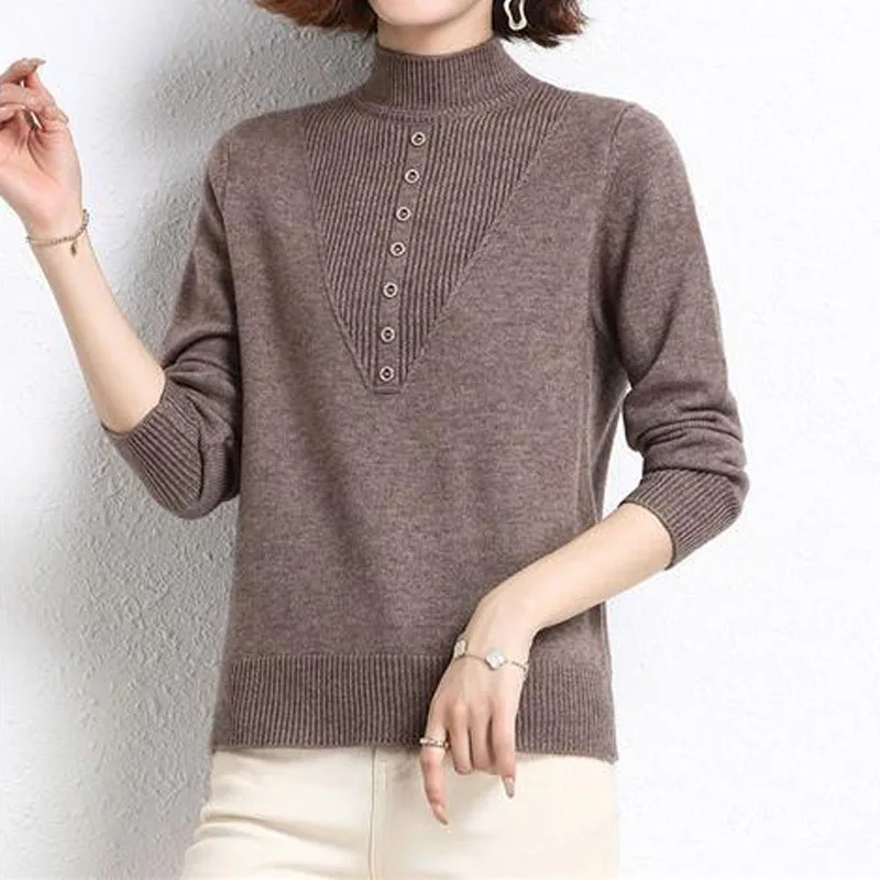 Fashion Long Sleeve Solid Color Knitted Tops Women\'s Clothing Autumn Winter Korean All-match Half High Collar Simplicity Sweater