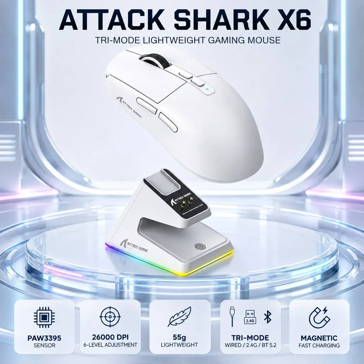 ATTACK SHARK X6 Wireless Gaming Mouse PAW3395 26000 DPI 650 IPS 50G 55g Lightweight HUANO Pink TTC Golden RGB Dock for Esports
