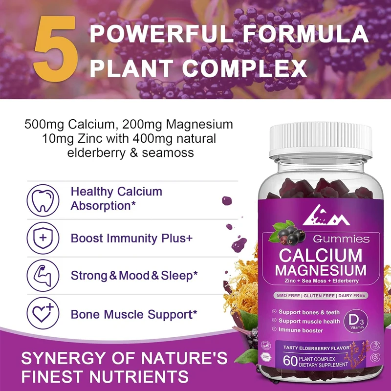 Calcium magnesium zinc gummies, maximum absorption, non GMO support for bones, muscles, and joints -60 gummies