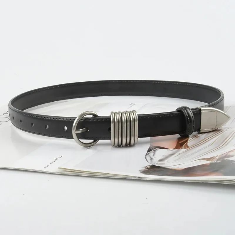 Black Leather Belts Cool Needle Metal Buckle Two-layer Cowhide Belt for Women Man Personalized Belt for Jeans Casual Pants Dress