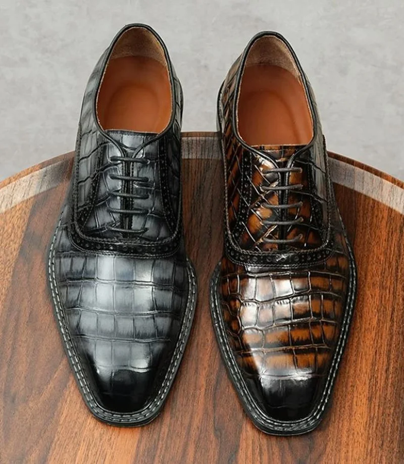High-end Luxury Stone-pattern Square-toe Lace-up Business Oxford Leather Shoes For Men Pure Cowhide Lining Formal Dress Shoess