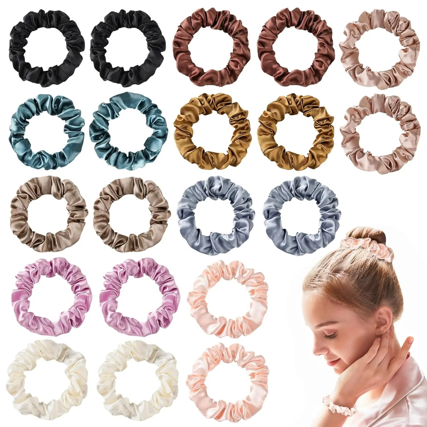 20 pieces Headband Satin Silk small headband Girls Ponytail Clip Mini elastic headband for thick curly hair ponytail headband