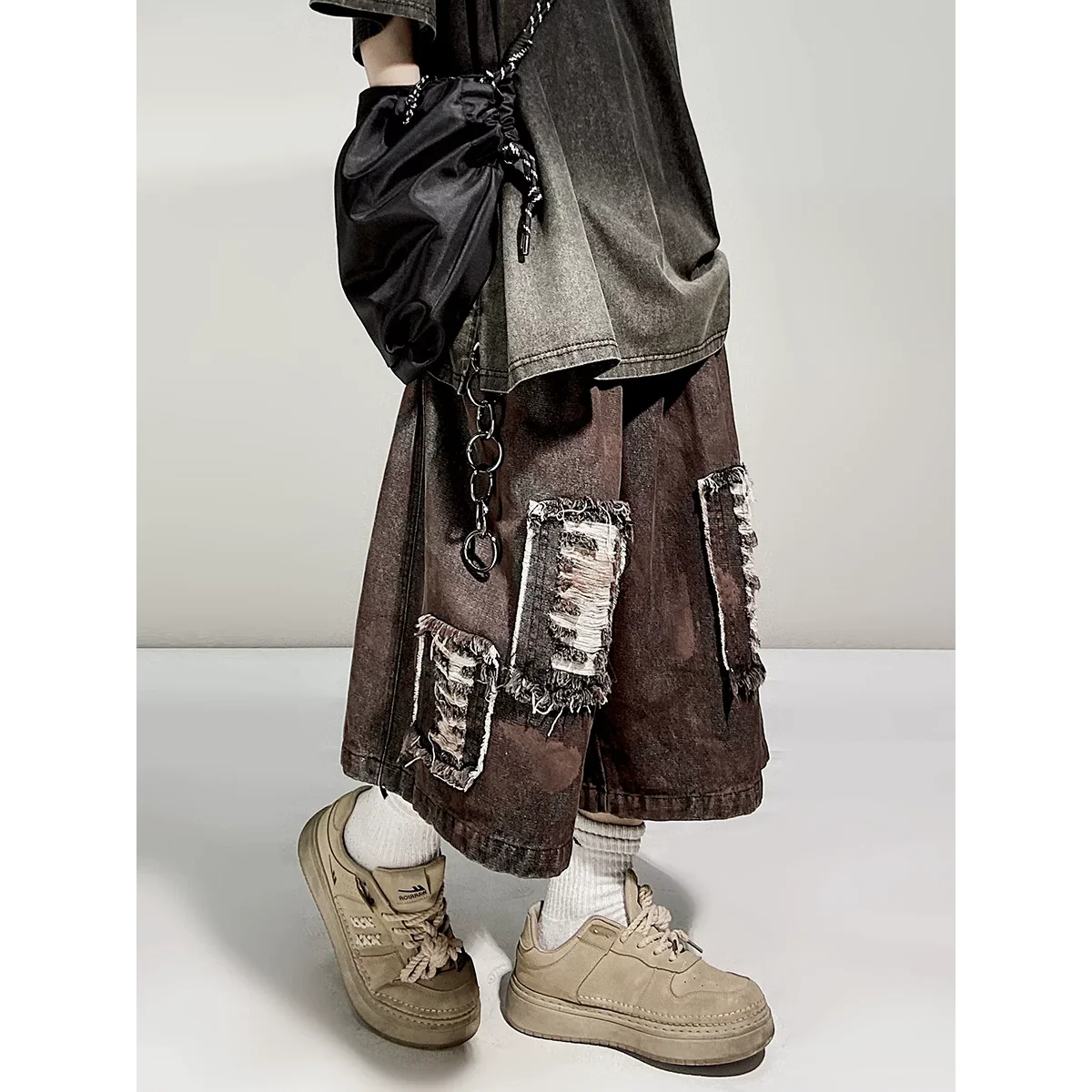 Hip Hop Punk Ripped Denim Shorts Men Vintage Washed Distressed Jeans Shorts Streetwear Loose Wide Leg Short Trousers