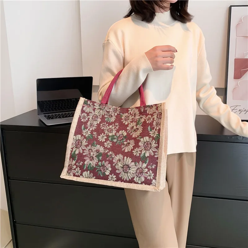 Vintage Flowers Pattern Handbags Fashion Beach Tote Bags Eco-Friendly Shopping Satchel Large Capacity Women's Commuter Bags