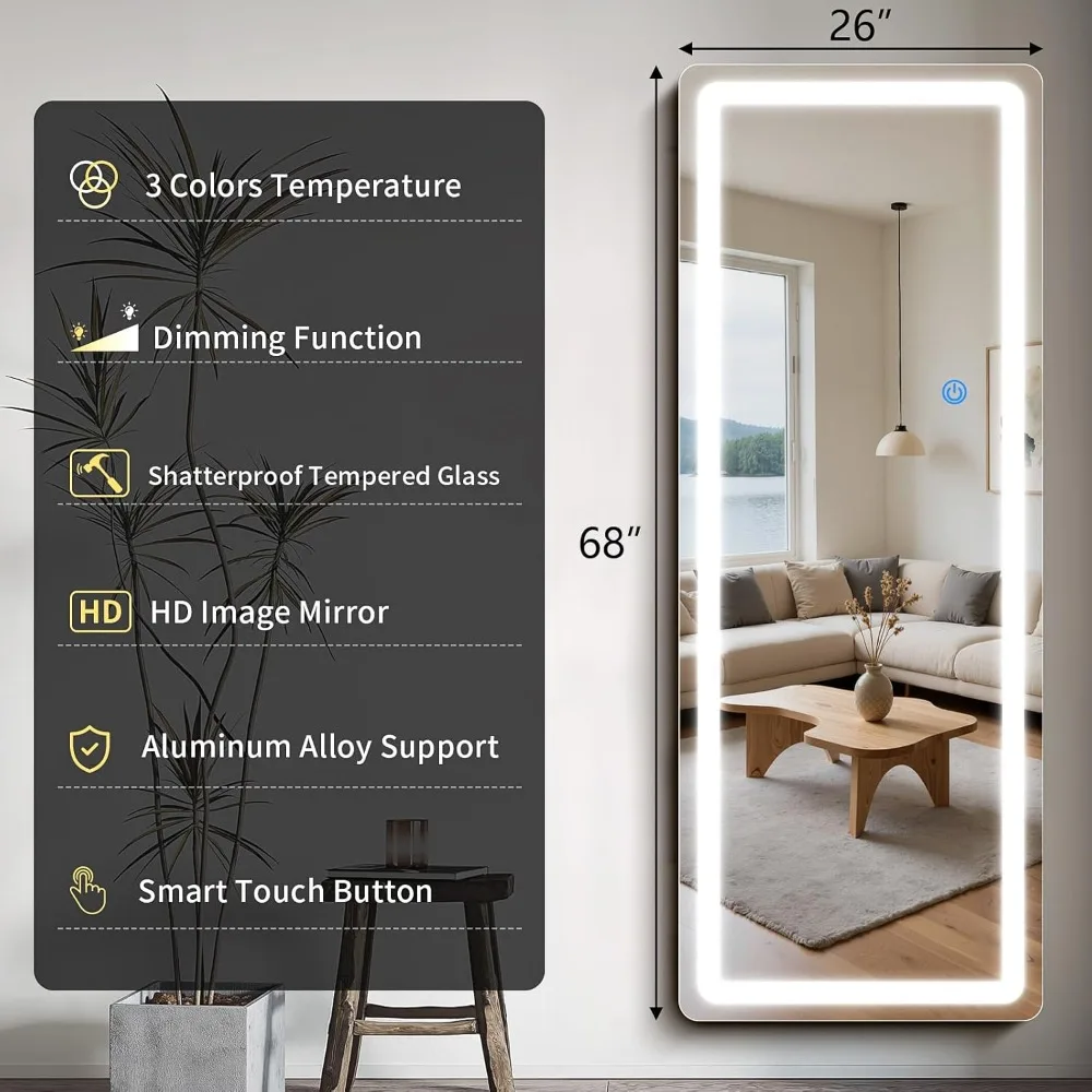 مرآة أرضية كاملة الطول LED مقاس 68 × 26، زوايا مستديرة، ضوء 3 ألوان قابل للتعتيم، جسم كامل، قائم