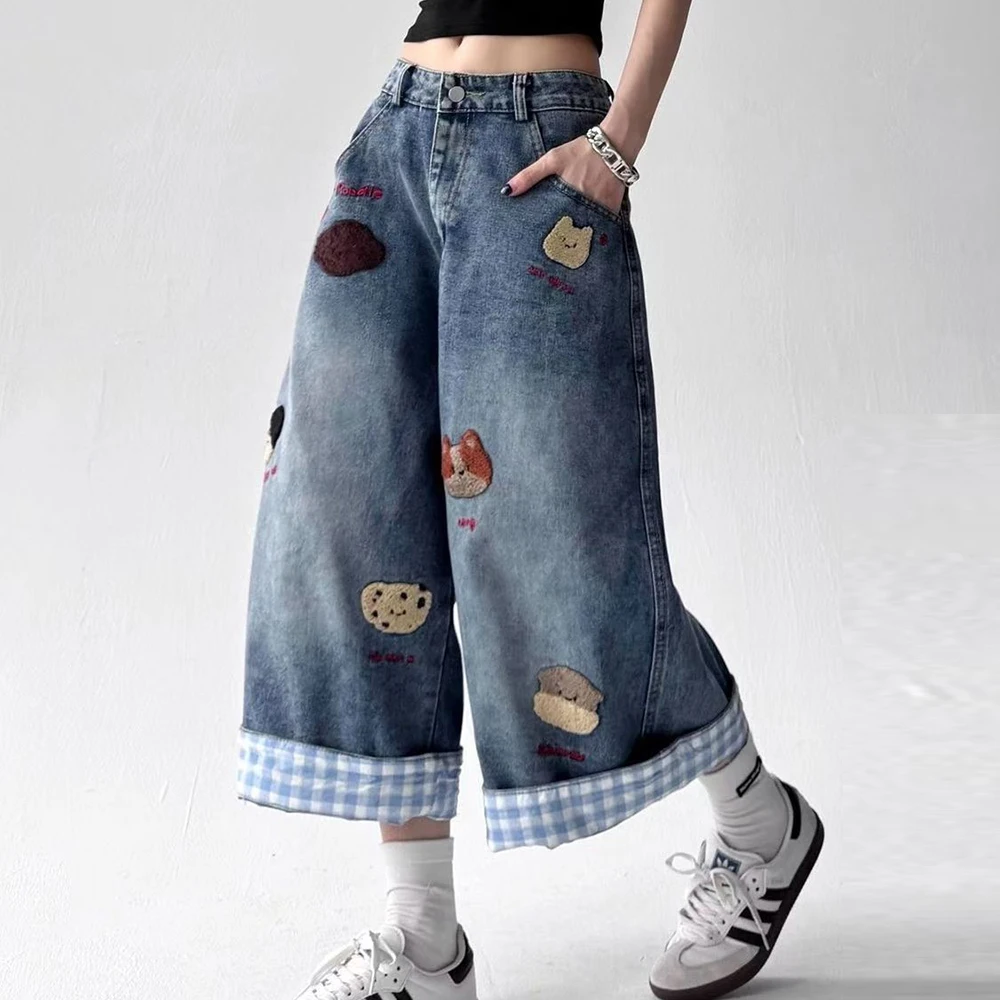 washed old puppy embroidered wide-leg denim shorts women's 2025 summer retro loose  thin cropped pants