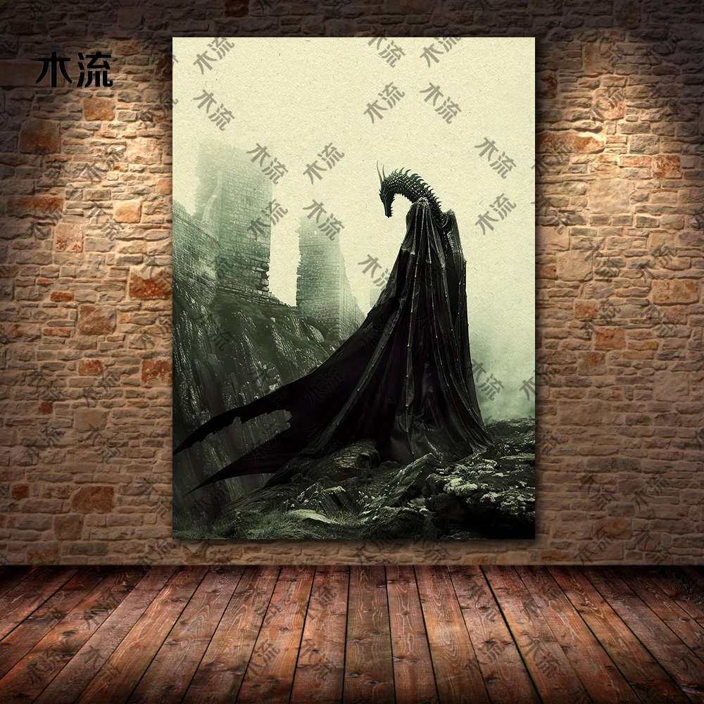 The Evil Dragon Standing On The Ruins,Vintage Wall Art,Canvas Painting,Mythological Creature, Gothic Art Poster Print,Home Decor