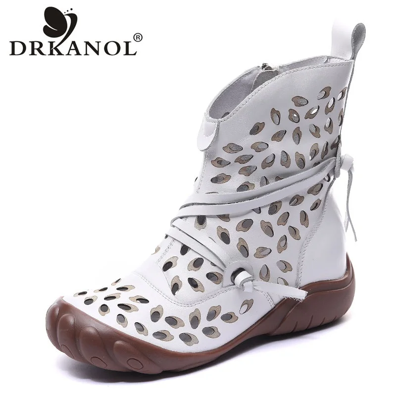 DRKANOL Handmade Women Boots Summer Shoes Genuine Cow Leather Breathable Hollow Retro Flat Side Zipper Gladiator Boots Women