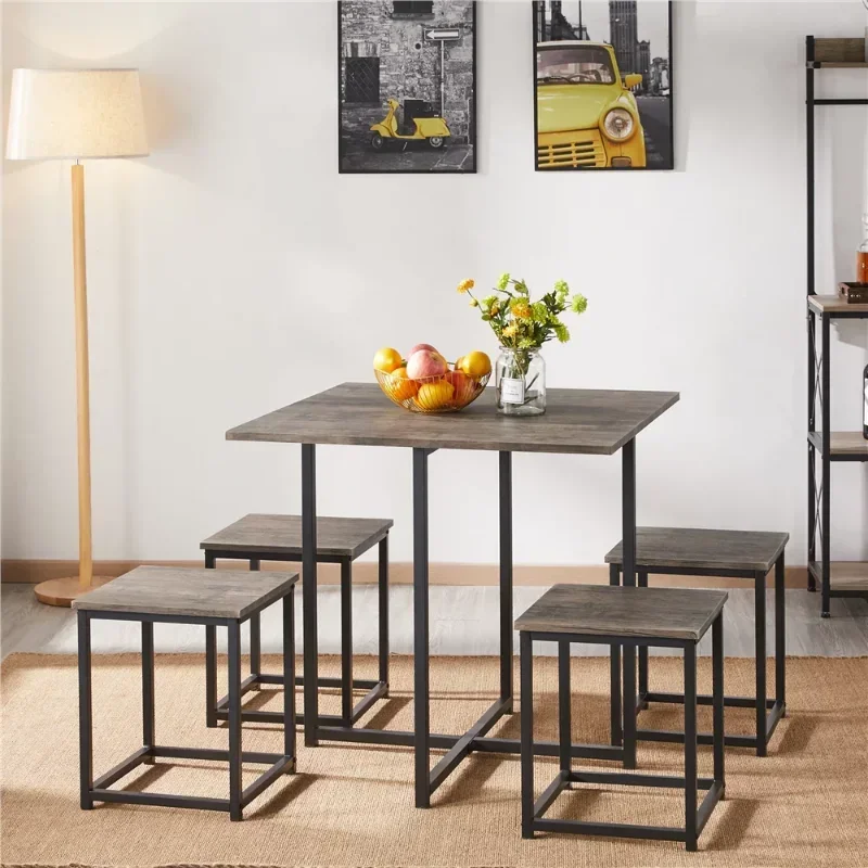 Conjunto de jantar com mesa quadrada industrial, 4 cadeiras sem encosto, Drift Brown, 5pcs