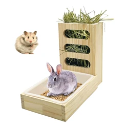 Wooden Rabbit Hay Feeder with Litter Box Bunny Manger Feeder Hamster Food Dispenser Container for Small Animal Pet Supplies