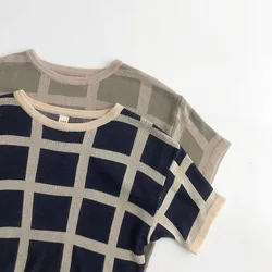 Summer Korean Kids Short-sleeved T-shirt Plaid Knitted Tops Toddler Boys Girls Casual Tees
