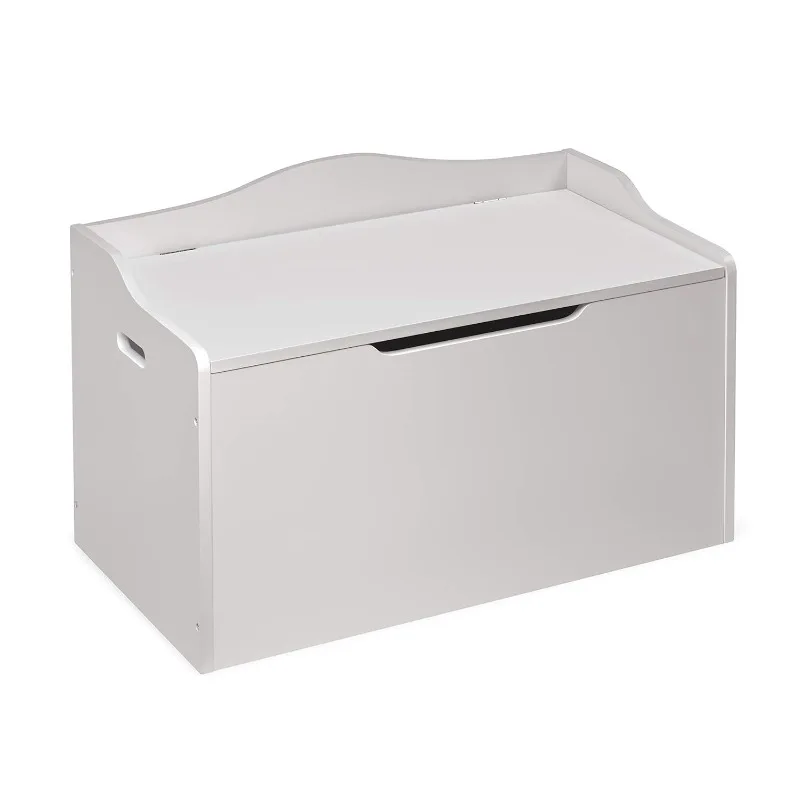 Bench-Top Wooden Toy Box in White – Safe Storage Chest with Dual Safety Hinges, Side Handles, and Front Slot