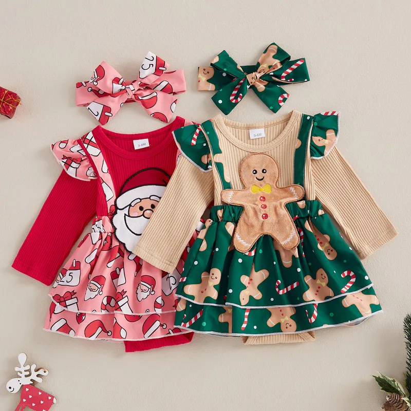 0 to 18 Months Christmas Baby Girls Bodysuit Long Sleeve Santa/Gingerbread Jumpsuit with Headband Baby Clothing