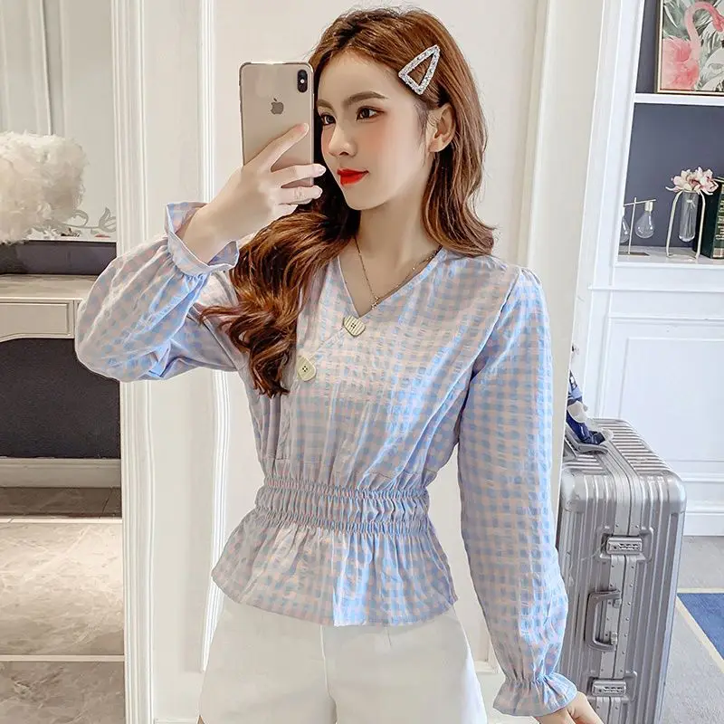 Plaid Blouses Women V-neck Fashion Korean Style All-match Tender Ladies Vintage Casual Sweet Daily Elegant Slim Design Summer