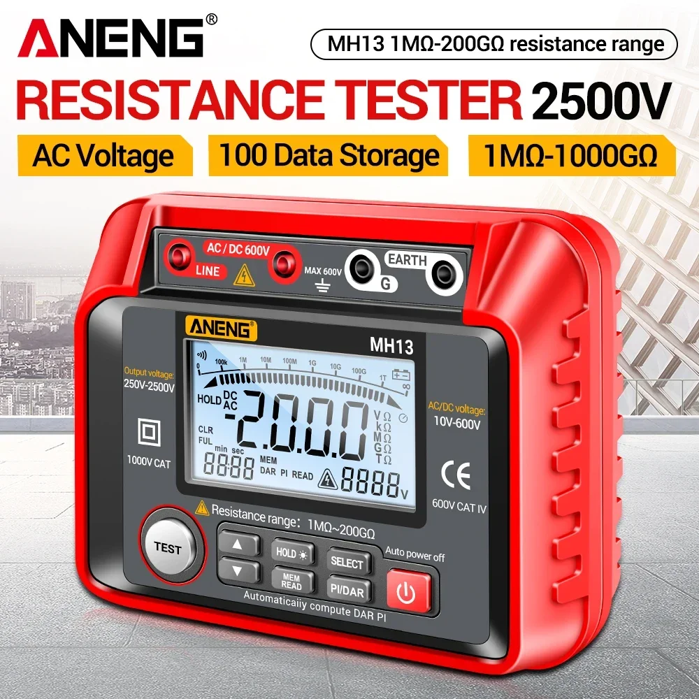 Cyfrowy megohmmetr do pomiaru rezystancji izolacji 2500V, tester napięcia AC/DC 200GΩ, generator do testowania izolacji elektrycznej kabli i silników.