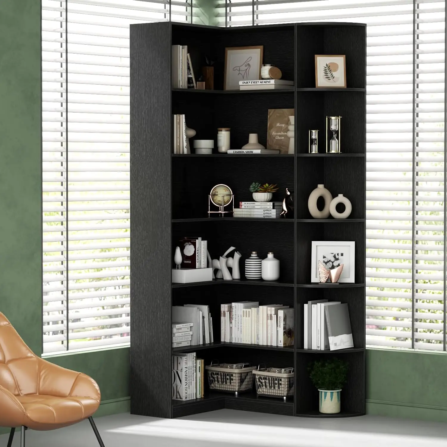 Loomie Black Book Shelf, 6 Tiers Shelf Large Tall Corner Etagere Bookcase With Full Baffle, L-Shaped Modern Storage Display