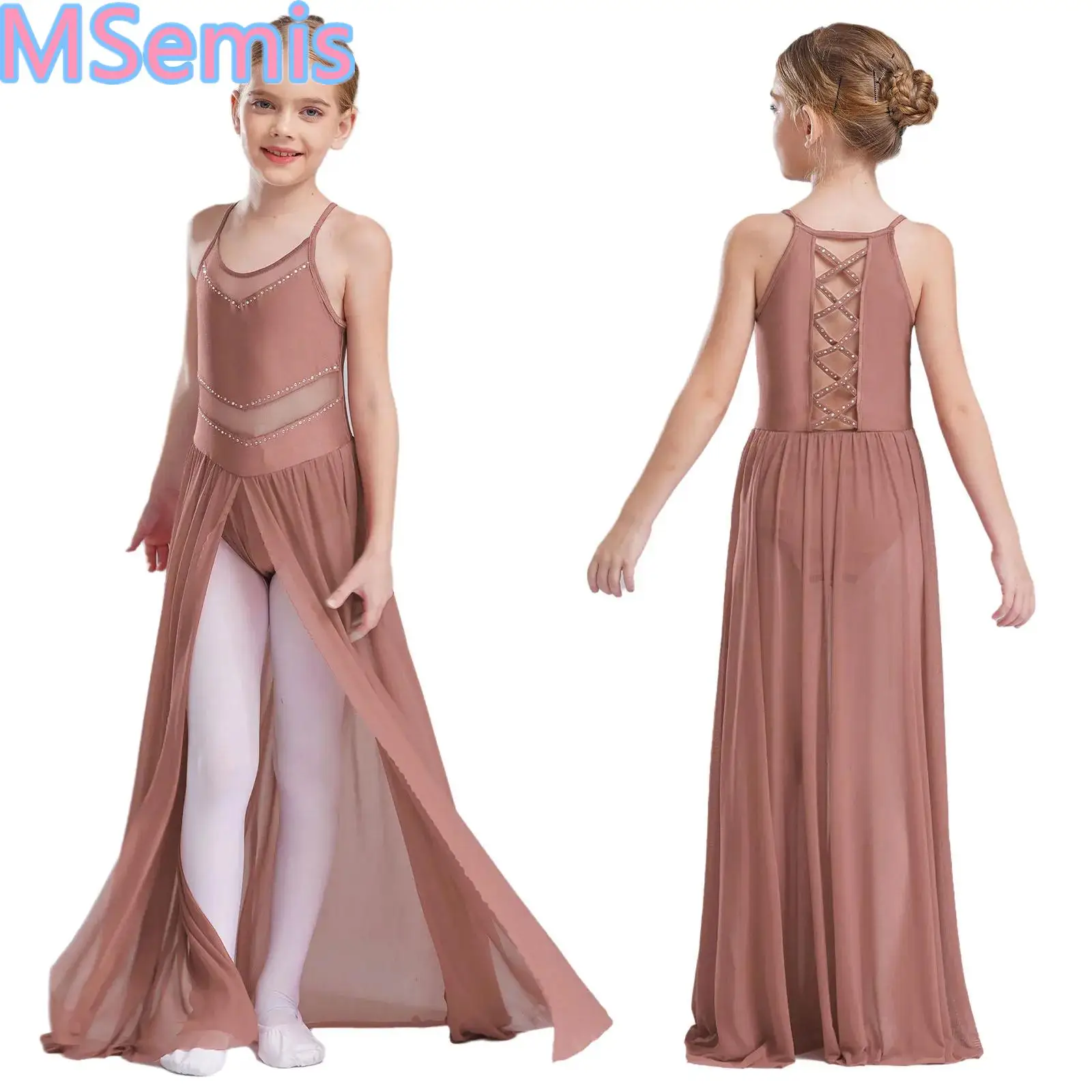 

Kids Girls Lyrical Mesh Dance Dresses Crisscross Strappy Back Spaghetti Straps Split Flowy Dress Dancewear