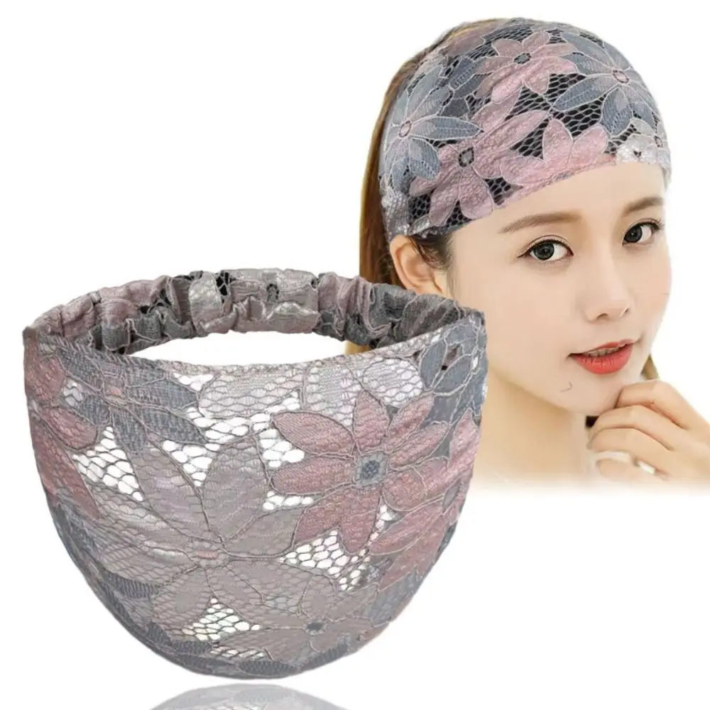 Personality Non Slip Mesh Flower Headband Hollow Lightweight Lace Hairbands Headdress Hair Hoop Wide Side Head Wrap Female/Girls