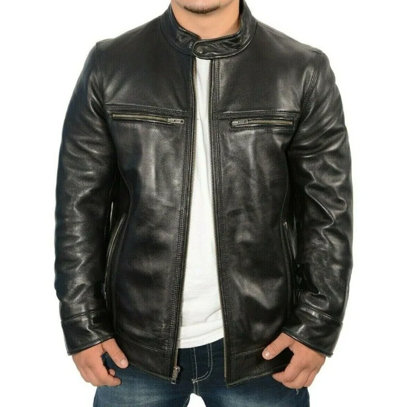 

Men's Slim Fit Leather Jacket 100% Genuine Leather Motorcycle Jacket Fashionable Trend