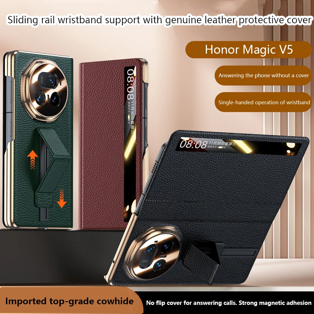 

Premium Genuine Leather Case For Honor Magic V5 5G Sliding Rail Wtistband Bracket No Flip Cover Answering Holder Case Cover