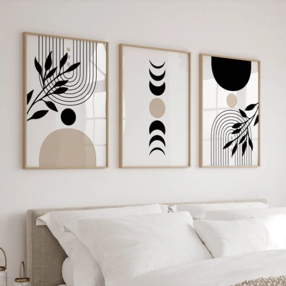 ​Frameless Bohemian Neutral Wall Art Prints, Beige and Black Plant Posters Bedroom, Living Room, Modern Home Wall Art Decorat