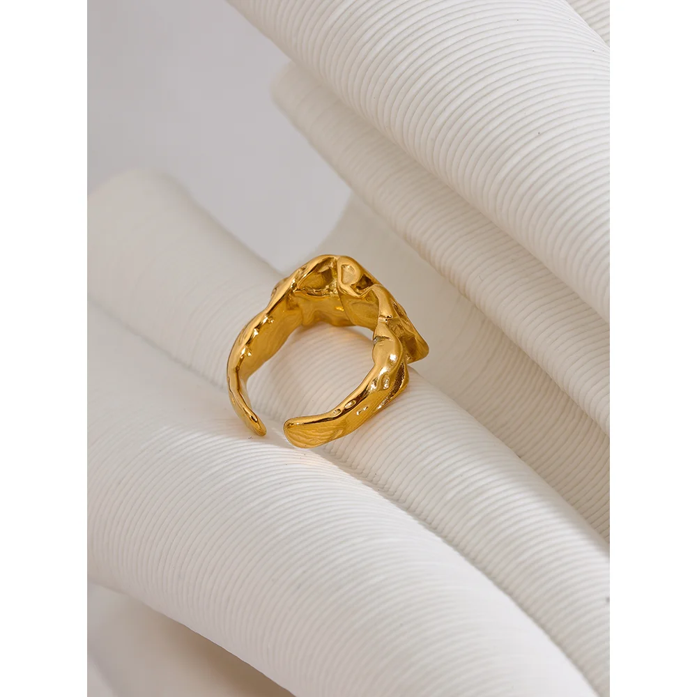 Yhpup Neue Edelstahl Kreative Metall Breiten Ring für Frauen Gold Farbe Textur Temperament Schmuck Wasserdichte Zubehör