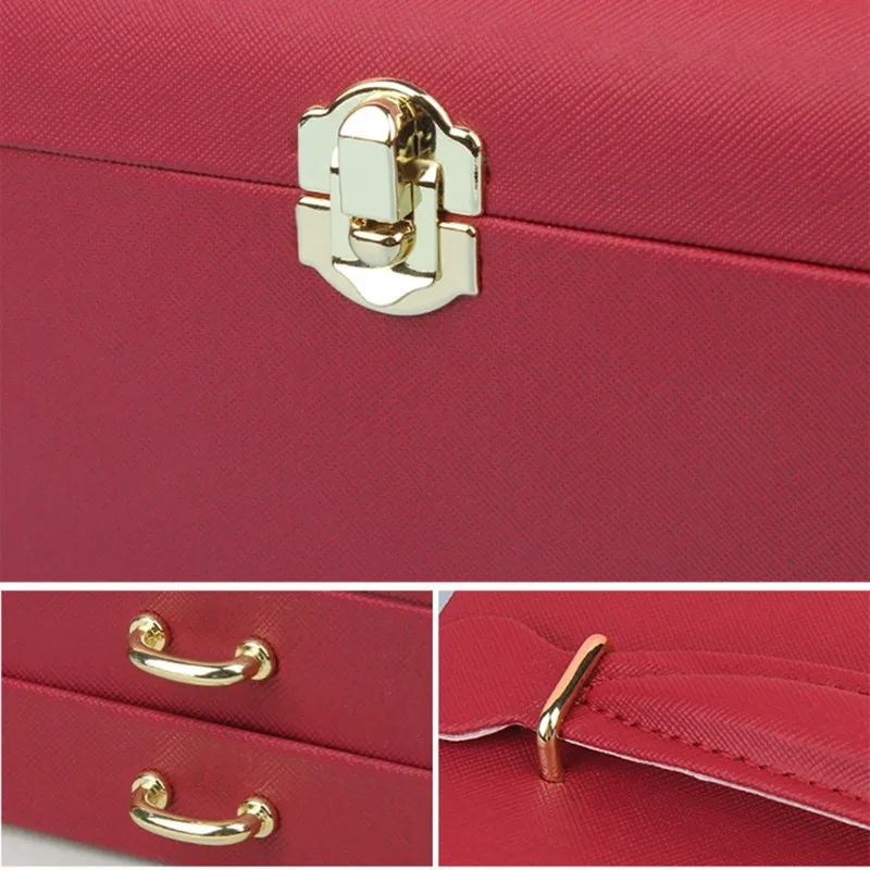 

CYL-Luxury Pu Leather Jewelry For Bracelet, Ring, Necklace, Earring Storage Box-Wine Red-Chinese Style Three-Layer Design
