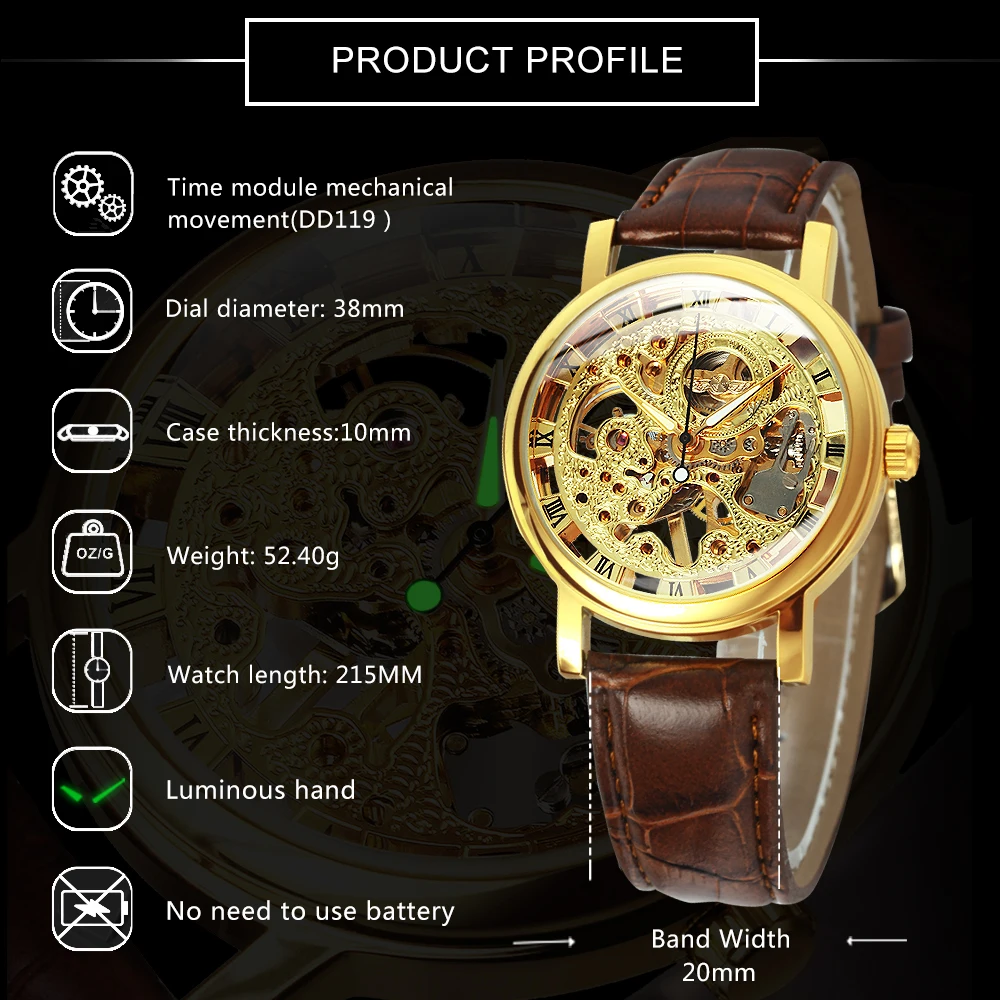 Роскошные прозрачные механические часы Winner со скелетом, повседневные золотые часы с кожаным ремешком для мужчин, наручные часы в стиле ретро со светящимися стрелками