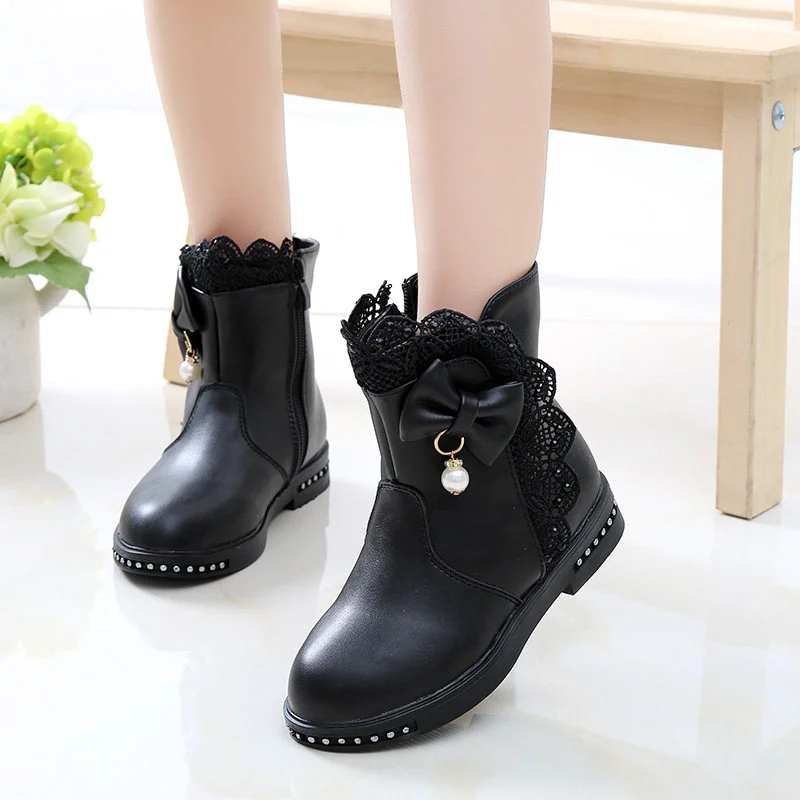 Autumn/Winter ZIP Fashion Cool Baby Girls Warm Lace Bow Beaded Square Heel Round Toe Casual Comfortable Kids Mid Boots