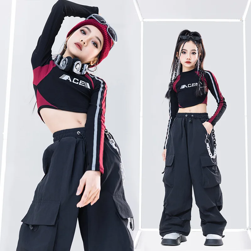 Jazz Dance Wear Kids K-pop Stage Outfits Girl Clothes Letter Print Long Sleeve Exposed Navel Black Top Loose Pants Costumes