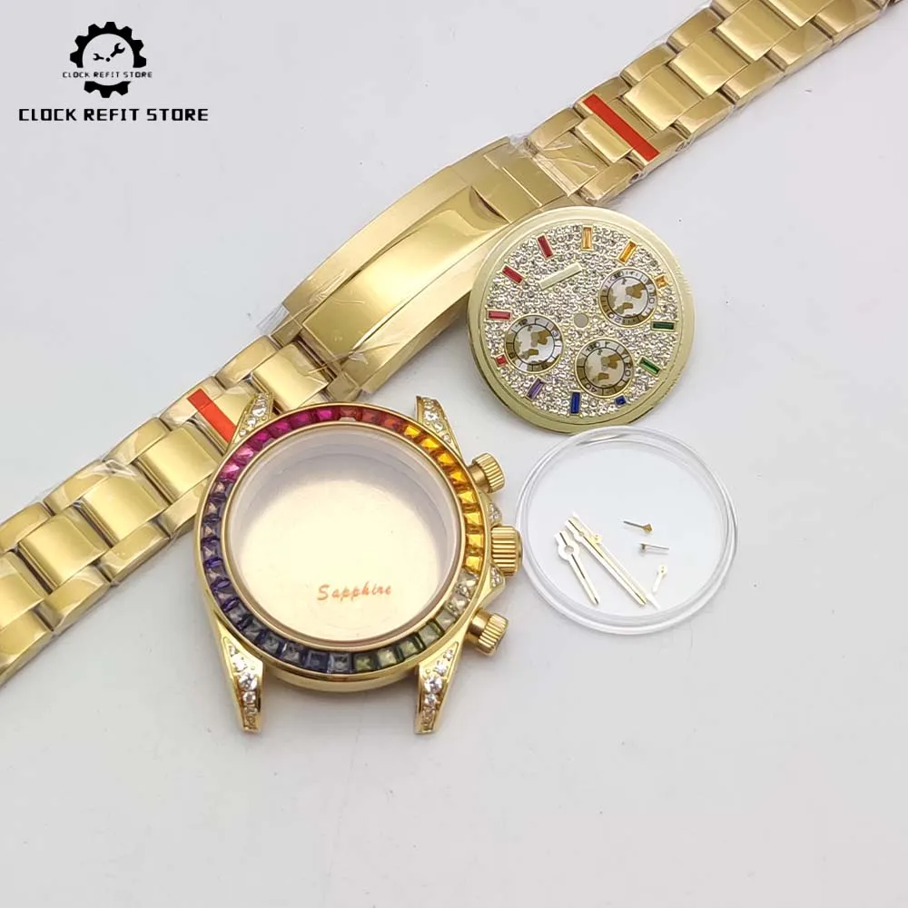 Men's watch parts assembly for VK63 calibre, gold-coloured case with diamond dial, three-eye chronograph