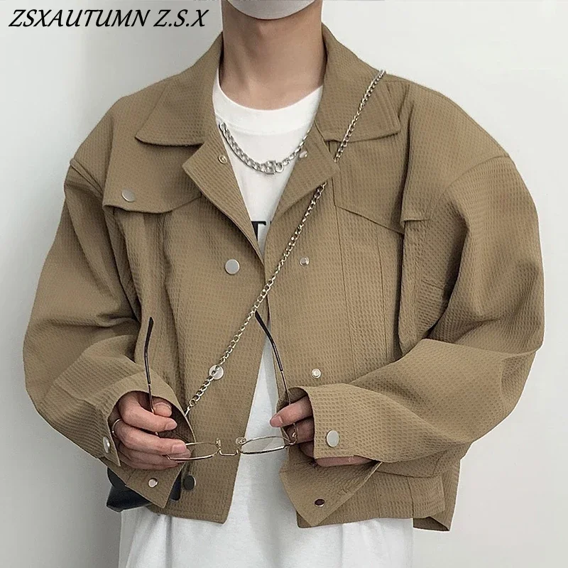 

Trendy Fashionable Casual Short Jacket for Men Vintage Lapel Outwear Korean Crop Coats All-match Male Long Sleeve Streetwear