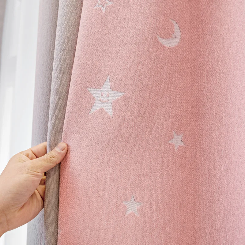 Blackout thickened cashmere seamless splicing curtains Star and moon cartoon children's bedroom modern simple curtain fabric