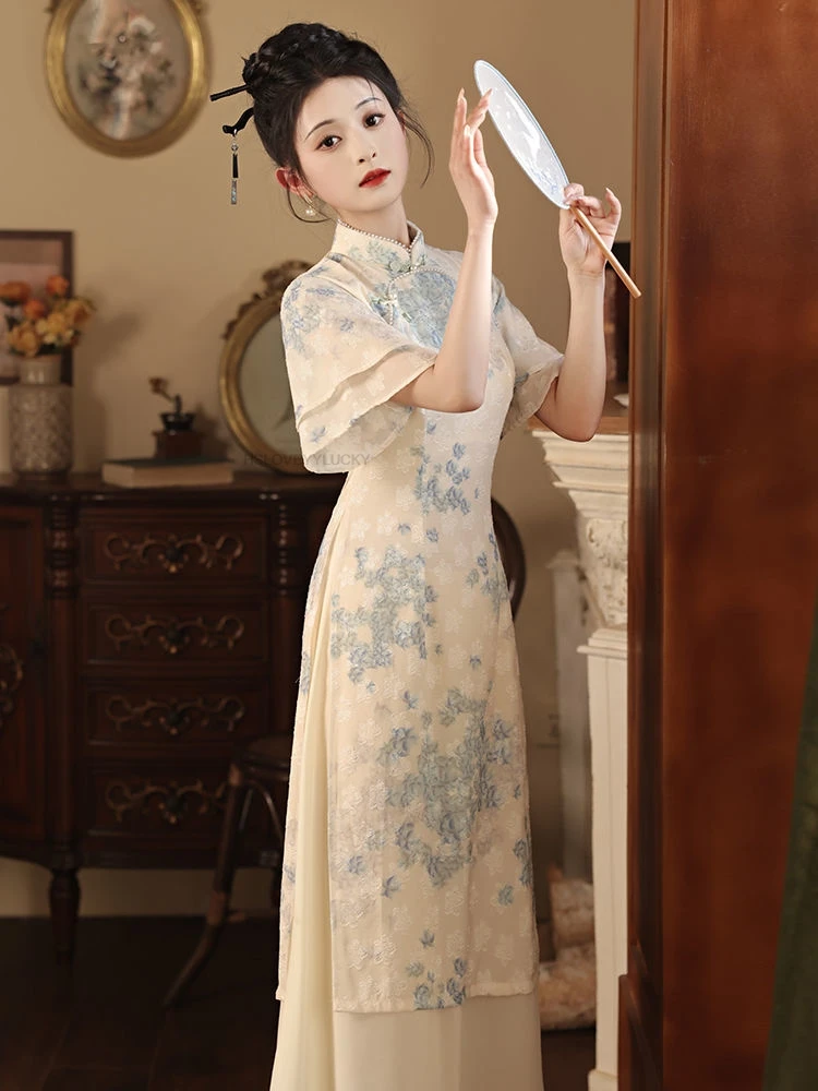 

Chinese Style Improved Qipao Dress Spring New Vintage long-sleeved Women Elegant Vintage Folk Dance Cheongsam Dress Ao Dai Dress