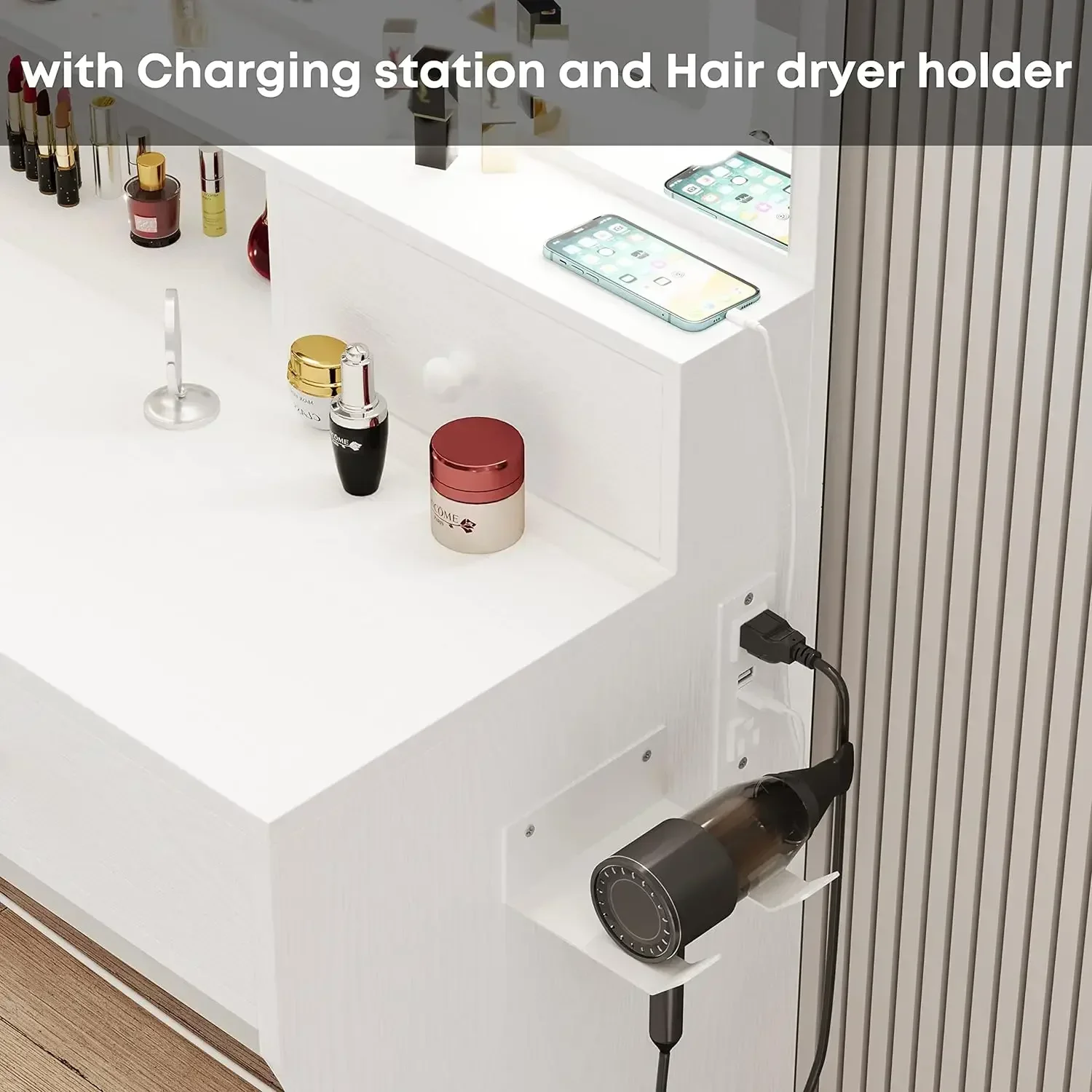 LIKIMIO Vanity Desk with LED Lighted Mirror & Power Outlet & 4 Drawers, Dressing Makeup Table Set with Storage