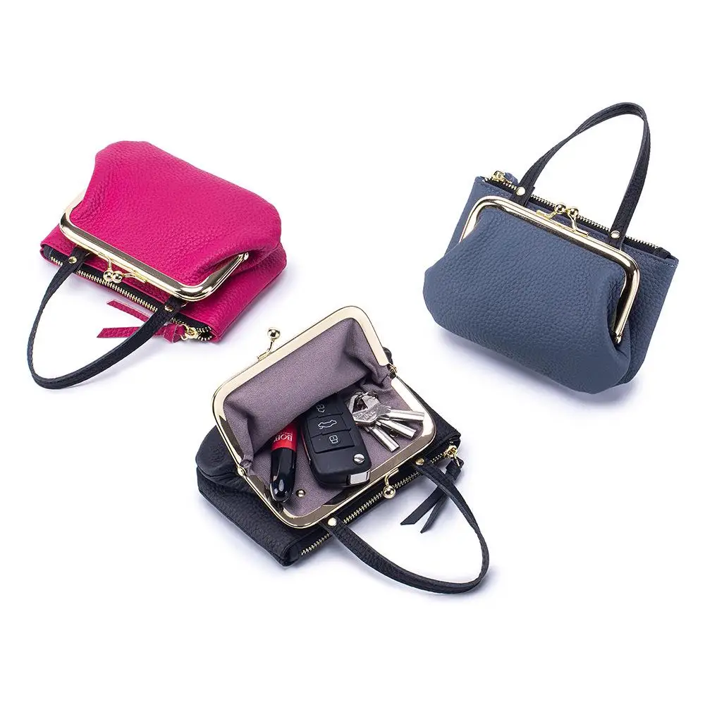  Double Layer Coin Purse Handheld Japanese Style Hard Coin Storage Bag Lychee Pattern Clasp Purse Functional Small Bag