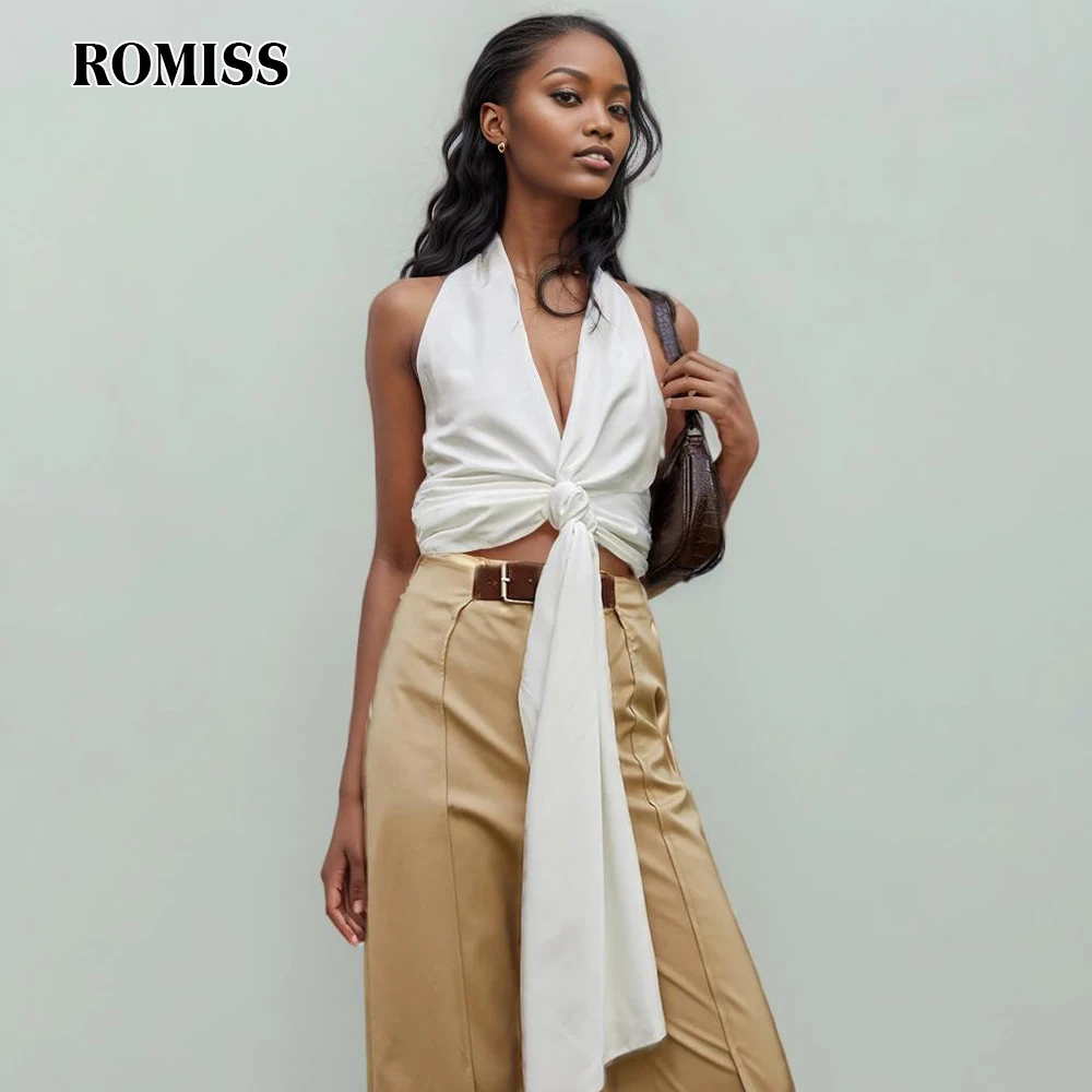 ROMISS Off Shoulder Shirts For Women V Neck Sleeveless Casual Loose Patchwork Lace Up Backless Blouse Female Fashion New