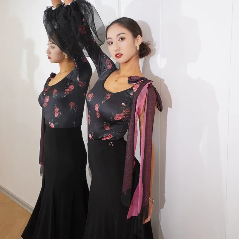 Ballroom Dans Kleding Vrouwen Prestaties Tops Mesh Pofmouwen Bloem Wals Dans Kostuum Rmba Latin Dans Slijtage BL11303