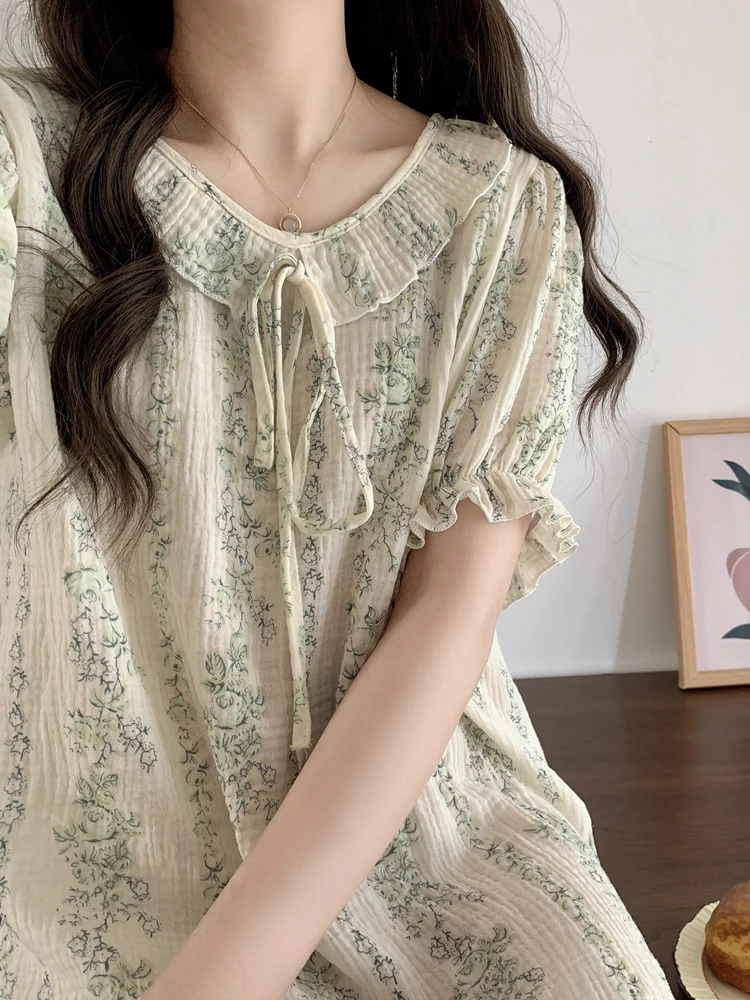 

Retro Floral Print Lace Sleepwear Comfortable Breathable Long Skirt Style Summer Sleep Dress Sweet Home Clothes for Young Girls