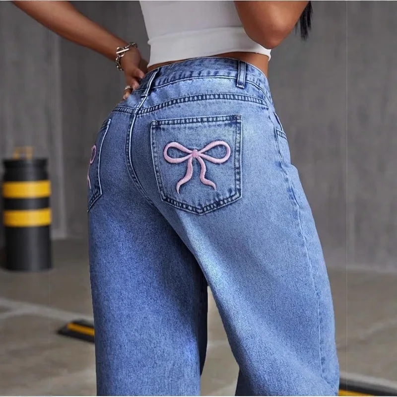 

2026 Y2K Bow Embroidery Jeans Female High Waist Straight Leg Loose Long Pants Stylish Slim Cute Aesthetic Denim Casual Trousers