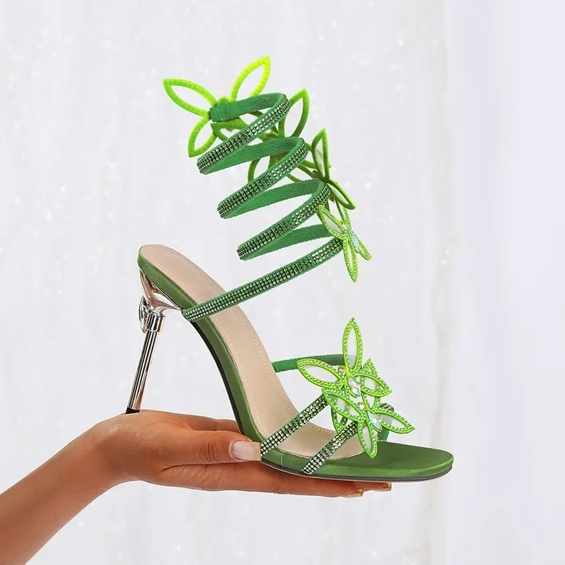 

Women Sandals 2025 New Glitter Rhinestones Sandals Crystal Butterfly Square Toe Wedding Shoes Elegant High Heels Shoes Women