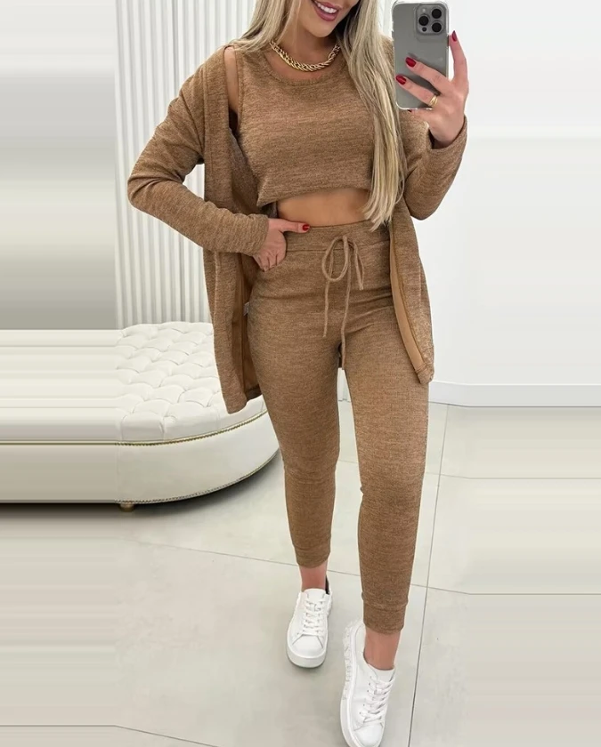 3 Piece Sets Women Sweatshirt Suit Outfits 2024 Autumn Tank Top & Pocket Design Drawstring Pants Set with Longline Cardigan