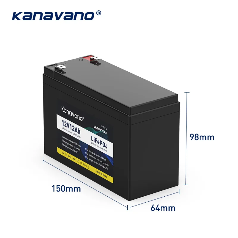 Kanavano Rechargeable LiFePO4 Battery Pack 12V 12Ah Built-in 4S BMS For Led Lighting Devices Household Appliances + 2A Charger