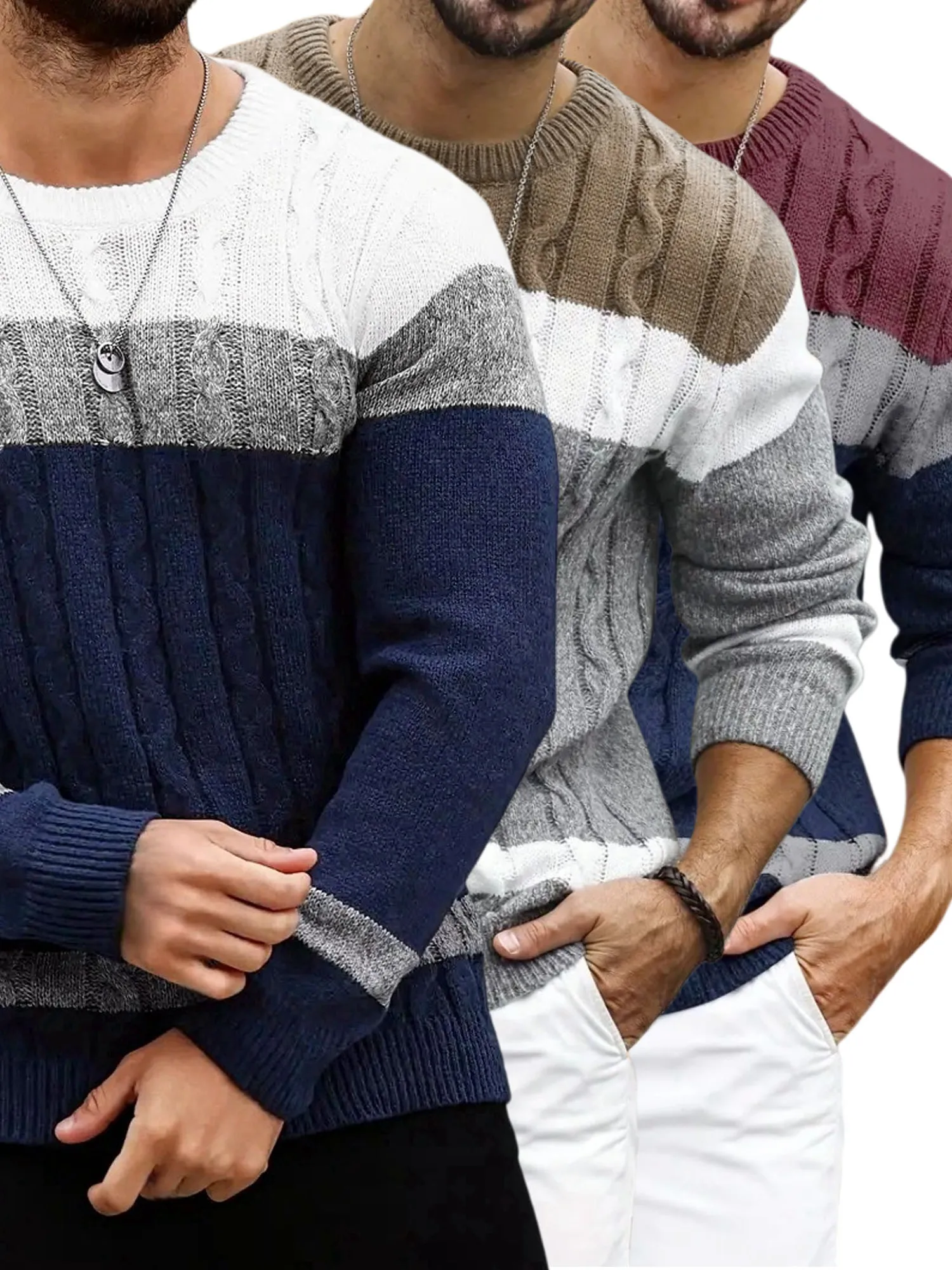 

New Men's Casual Sweater Round Neck Long Sleeved Knitted Sweater Striped Fashionable Versatile Top