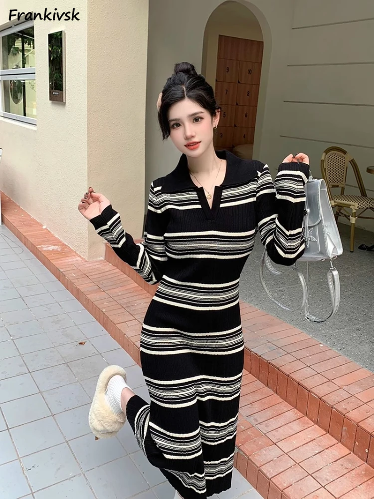 Striped Dresses Women Baggy Classic Vintage Korean Style Slim Temperament Long Sleeve Summer Fashion High Street Mid-calf Daily