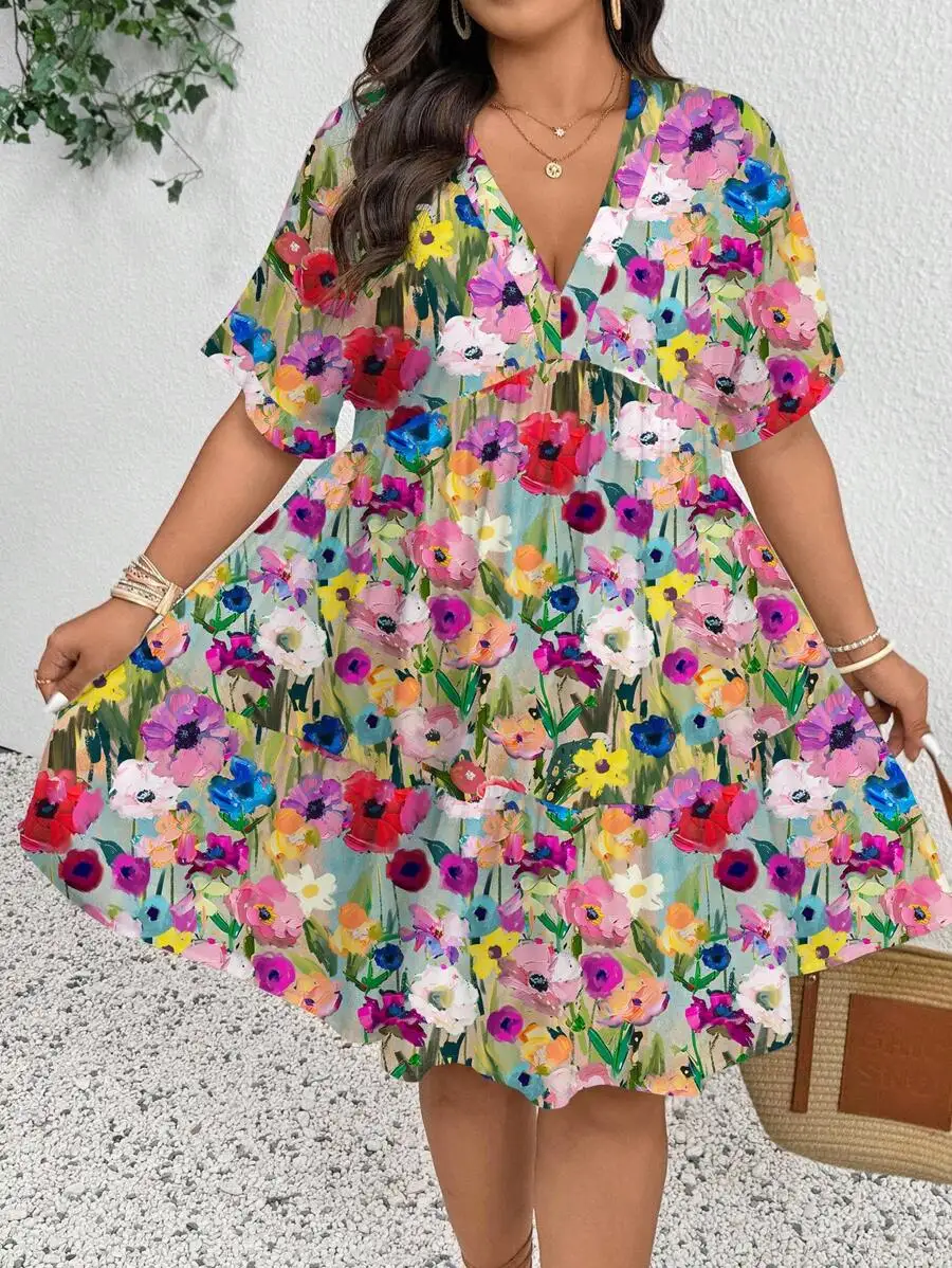 

Floral Print V-Neck Loose Short Dress For Women Summer Casual Bohemian Style