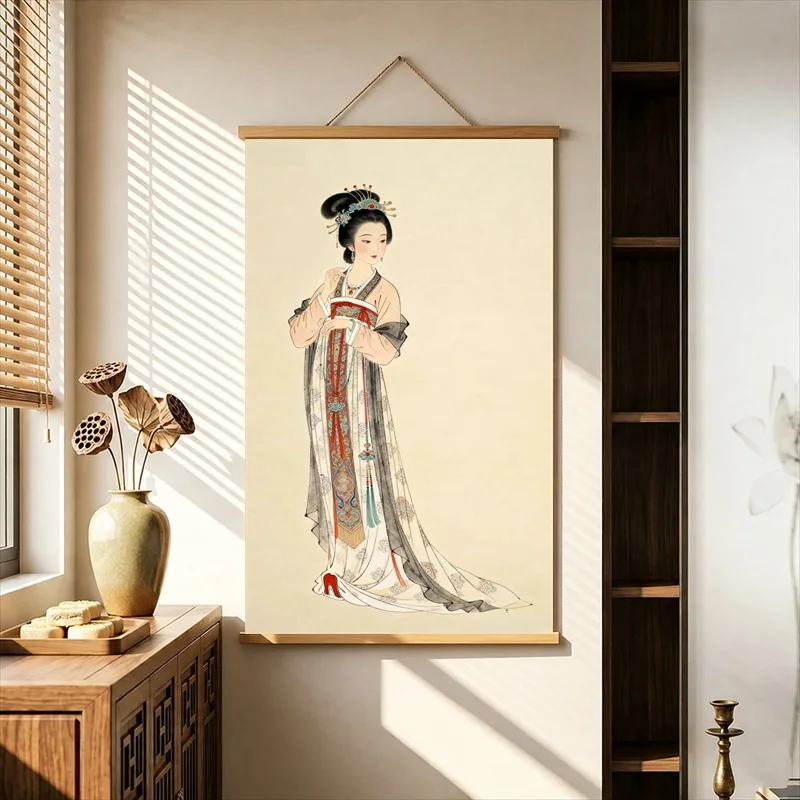 Wall Decorations Elegant Women in Classical Chinese Dress, Oriental Vintage Pearlescent Canvas Wall Hanging Scroll for Tea House