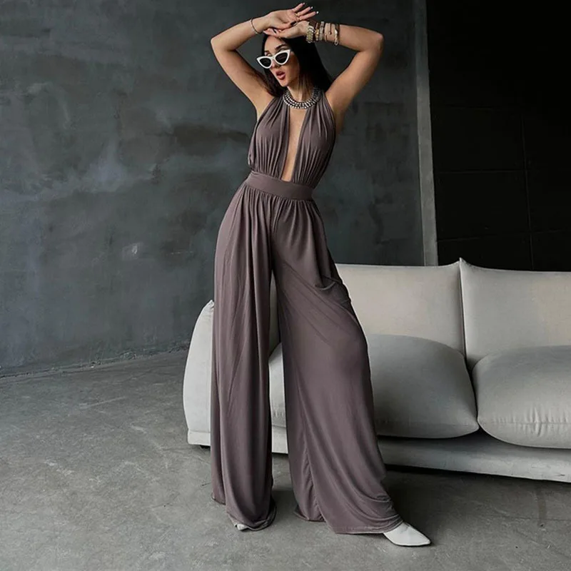 

Apprabant Fashionable Lace Up Hanging Neck Jumpsuits Personalized Street Sexy Y2k Backless V-neck Slim Fit Wide Leg Jumpsuit