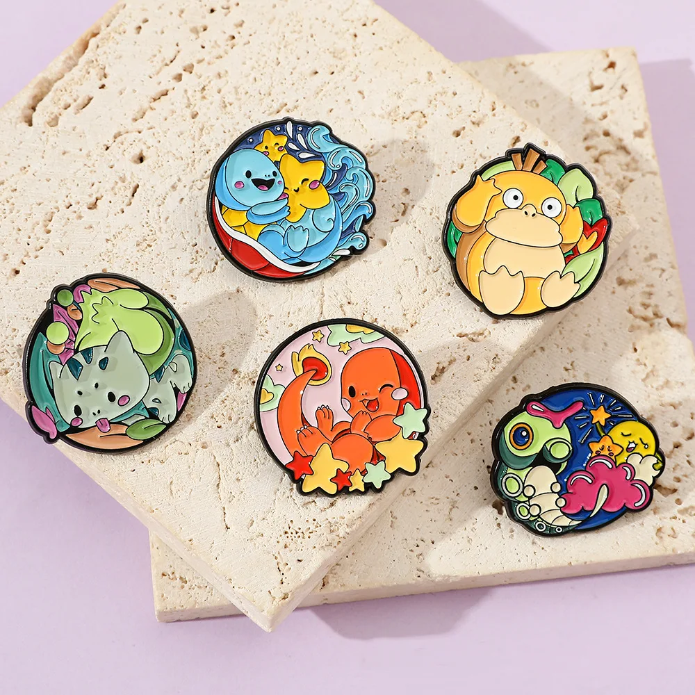 5Pcs Pokemon Enamel Pins Set Bulbasaur Charmander Squirtle Psyduck Anime Character Brooch Badge Gift for Fans Accessories