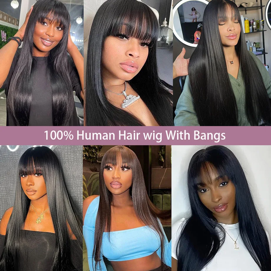 100% Straight Human Hair Wig With Bangs Full Machine Made Wig 3x1 HD Lace On Top Glueless Brazilian Straight Hair Wigs On Sale